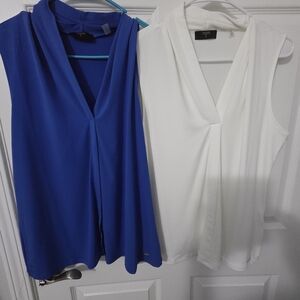 Sleeveless V-Neck Blouse - Blue and White